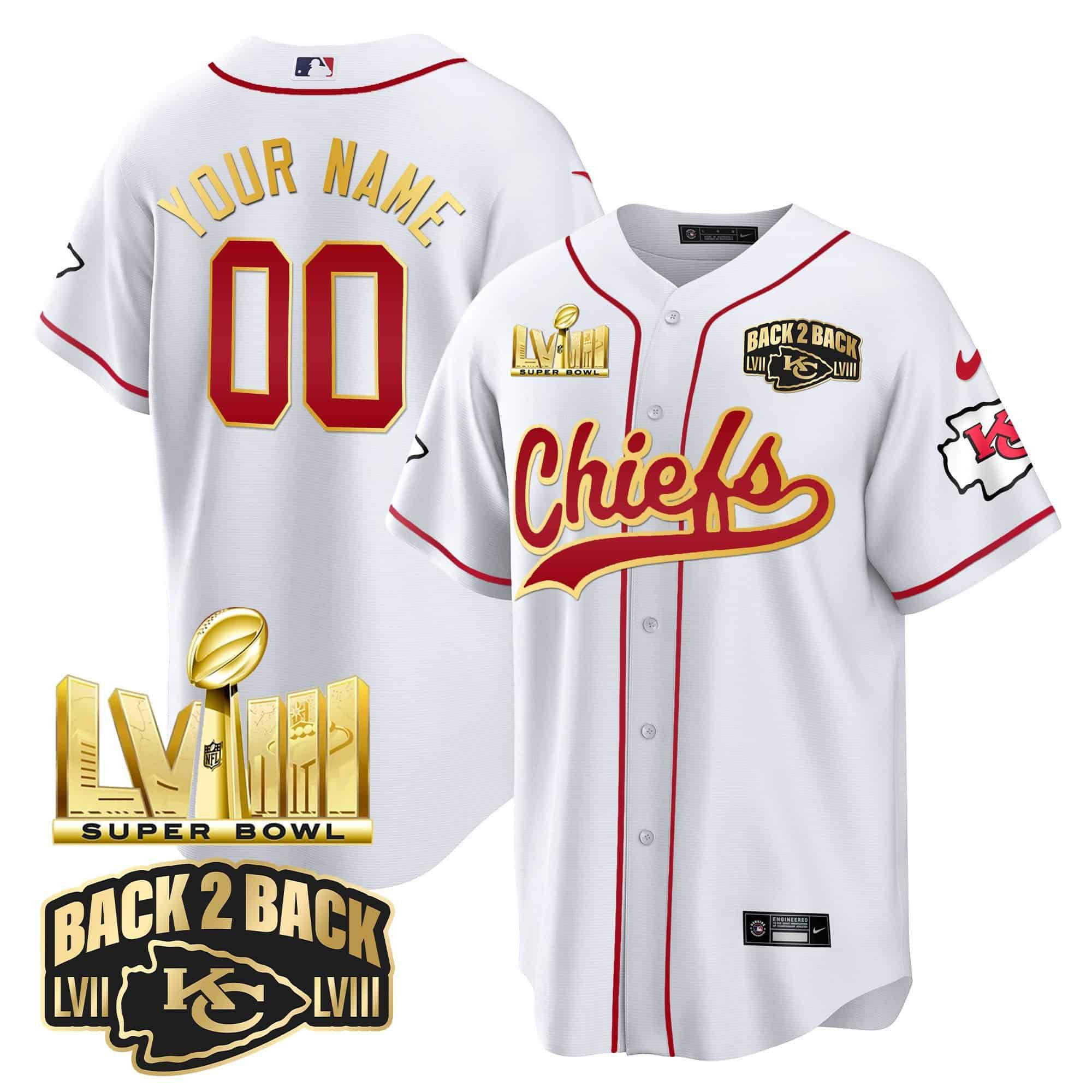 Men Kansas City Chiefs White 2024 Nike Super Bowl LVIII Back-2-Back Gold Patch Baseball Custom NFL Jersey